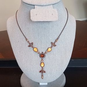 1928 Vintage Copper 16-19" "Y" Necklace Brown Yellow & Champagne Crystals/Stones